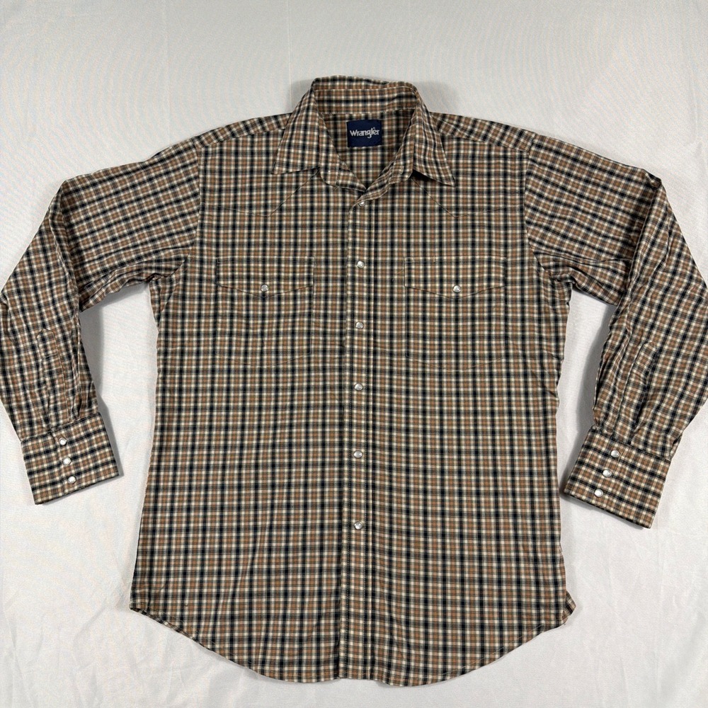 Wrangler Western Pearl Snap Plaid Long Sleeve Shirt Large Brown Black‎ Tan Plaid